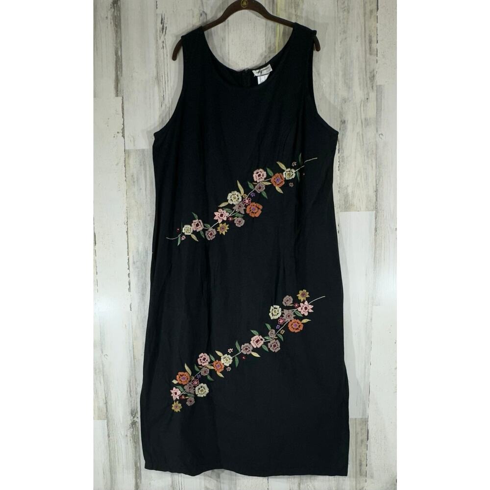 Alix Taylor Maxi Dress Size 18 Black Linen Cotton Floral Embroidery Vintage READ